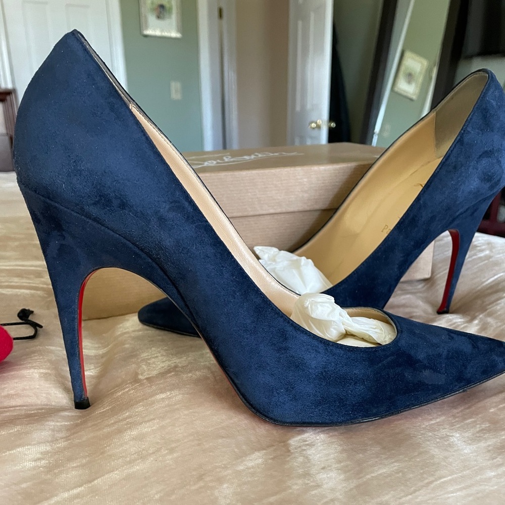 Christian Louboutin Navy Suede Pointed-Toe Pumps with Signature Red Soles